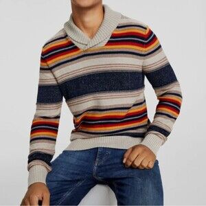 Sun + Stone Mens Shawl Collar Sweater M Colorful Blanket Stripe Southwestern 70s